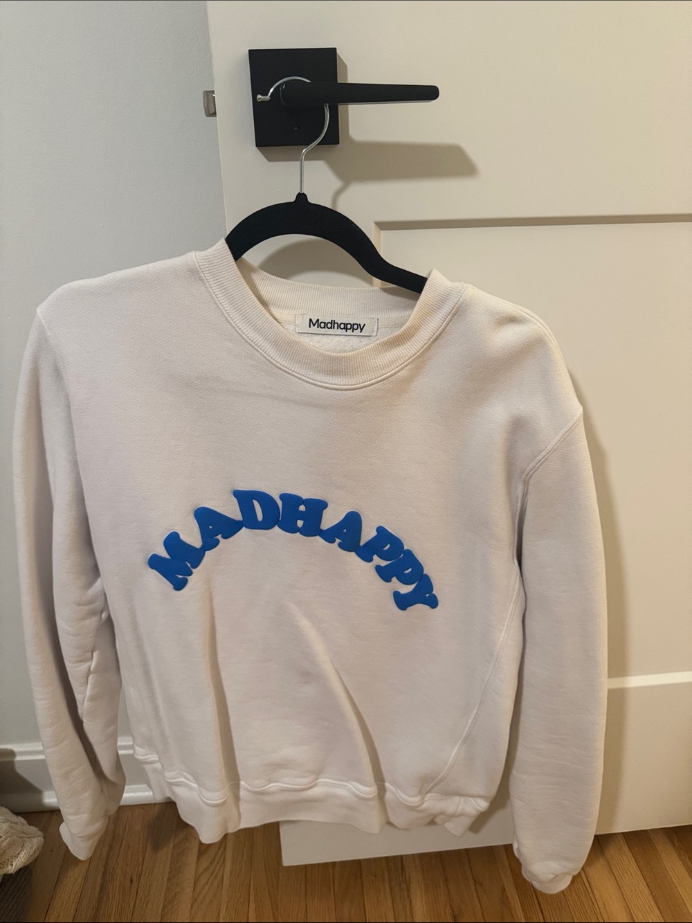 Madhappy Cream Sweatshirt with Blue Arch Logo